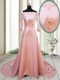 New Arrival With Train Peach Dress for Prom Square Long Sleeves Brush Train Zipper