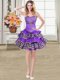 Mini Length Eggplant Purple Dress for Prom Taffeta Sleeveless Beading and Embroidery and Ruffled Layers
