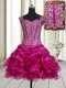 Fuchsia A-line Straps Sleeveless Organza Mini Length Lace Up Beading and Ruffles