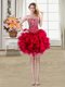 Customized Sleeveless Organza Mini Length Lace Up Prom Gown in Red with Beading and Ruffles