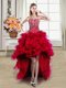 Red Lace Up Homecoming Dress Beading and Ruffles Sleeveless High Low