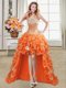 Great Beading and Ruffles and Sequins Prom Dresses Orange Lace Up Sleeveless High Low