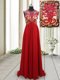 Backless Scoop Sleeveless Prom Evening Gown Brush Train Appliques Red Chiffon