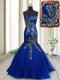 Fantastic Sequins Mermaid Sleeveless Blue Prom Dress Brush Train Lace Up