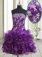 Mini Length Purple Prom Dress Organza Sleeveless Beading and Ruffled Layers