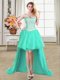 Sleeveless Organza High Low Lace Up Evening Dress in Turquoise with Beading and Ruffles and Pick Ups