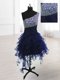 High End One Shoulder Navy Blue A-line Beading Prom Dresses Lace Up Organza Sleeveless Knee Length