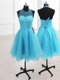 Delicate Knee Length A-line Sleeveless Baby Blue Prom Gown Lace Up