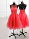 Custom Fit Watermelon Red High-neck Neckline Sequins Prom Dresses Sleeveless Lace Up