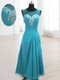 Noble Scoop Beading and Ruching Teal Lace Up Sleeveless Floor Length