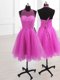 Elegant Fuchsia A-line Sequins Prom Party Dress Lace Up Organza Sleeveless Knee Length