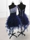 Attractive A-line Prom Party Dress Navy Blue One Shoulder Organza Sleeveless Knee Length Lace Up