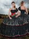 Amazing Black Taffeta Lace Up One Shoulder Sleeveless With Train Quince Ball Gowns Sweep Train Embroidery