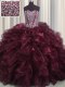 Visible Boning Bling-bling Sleeveless With Train Beading and Ruffles Lace Up Quince Ball Gowns with Burgundy Brush Train