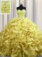 Court Train Gold Sleeveless With Train Beading and Pick Ups Lace Up Quince Ball Gowns