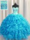 Beauteous Visible Boning Bling-bling Sweetheart Sleeveless Quinceanera Gown Floor Length Beading and Ruffles Baby Blue Organza
