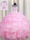 Fabulous See Through Pick Ups Floor Length Rose Pink Quinceanera Dress Scoop Sleeveless Lace Up