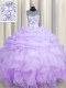 Beautiful Scoop See Through Lavender Sleeveless Organza Lace Up Quince Ball Gowns for Military Ball and Sweet 16 and Quinceanera