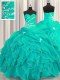 Turquoise Ball Gowns Beading and Appliques and Ruffles Vestidos de Quinceanera Lace Up Organza Sleeveless Floor Length