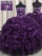 Fine Ruffled Layers Purple Sleeveless Organza Lace Up 15th Birthday Dress for Military Ball and Sweet 16 and Quinceanera