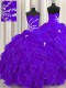 Floor Length Purple Ball Gown Prom Dress Organza Sleeveless Beading and Appliques and Ruffles