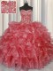 Sophisticated Visible Boning Sleeveless Floor Length Beading and Ruffles Lace Up Sweet 16 Quinceanera Dress with Coral Red