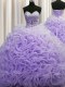 Dynamic Brush Train Lavender Ball Gowns Beading and Pick Ups Quinceanera Dress Lace Up Fabric With Rolling Flowers Sleeveless