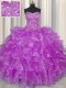 Discount Visible Boning Sleeveless Organza Floor Length Lace Up Quinceanera Dresses in Purple with Beading and Ruffles