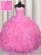 Beautiful Floor Length Lace Up Sweet 16 Dresses Rose Pink for Military Ball and Sweet 16 and Quinceanera with Beading and Ruffles