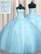 Big Puffy Sleeveless Floor Length Beading and Appliques Zipper 15 Quinceanera Dress with Baby Blue
