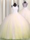 Beautiful Zipple Up V Neck Sleeveless Beading and Appliques Zipper Quinceanera Gown with Light Yellow Brush Train