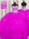 Visible Boning Beaded Bodice Ball Gowns Quinceanera Dresses Fuchsia Sweetheart Organza Sleeveless Floor Length Lace Up