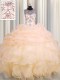 Fashion Scoop See Through Sleeveless Floor Length Beading and Ruffles and Pick Ups Lace Up 15 Quinceanera Dress with Peach