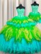 Most Popular Three Piece Visible Boning Sleeveless Tulle Floor Length Lace Up Quinceanera Gowns in Multi-color with Beading and Ruffles and Ruffled Layers and Sequins