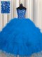 Fancy Visible Boning Blue Ball Gowns Tulle Sweetheart Sleeveless Beading and Ruffles and Sequins Floor Length Lace Up Quince Ball Gowns