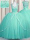 Aqua Blue Zipper Vestidos de Quinceanera Beading and Appliques Cap Sleeves Brush Train