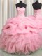 Delicate Visible Boning Sweetheart Sleeveless Quince Ball Gowns Floor Length Beading and Ruffles and Pick Ups Rose Pink Organza
