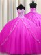 Inexpensive Sweep Train Sweetheart Sleeveless Ball Gown Prom Dress Floor Length Beading Rose Pink Tulle