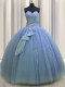Ideal Sequins Bowknot Light Blue Sleeveless Tulle Lace Up Vestidos de Quinceanera for Military Ball and Sweet 16 and Quinceanera