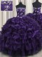 Dazzling Purple Organza Lace Up Strapless Sleeveless Floor Length Quinceanera Gowns Appliques and Ruffles and Ruffled Layers