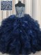 Unique Visible Boning Bling-bling Navy Blue Lace Up 15th Birthday Dress Beading and Ruffles Sleeveless With Brush Train