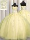 Sumptuous Really Puffy Light Yellow Sleeveless Floor Length Beading and Appliques Zipper Quinceanera Dresses