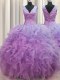 Sexy V Neck Zipper Up Floor Length Zipper Quinceanera Gown Lilac for Military Ball and Sweet 16 and Quinceanera with Ruffles