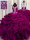 See Through Back Sleeveless Floor Length Beading and Ruffles and Sequins Zipper Sweet 16 Quinceanera Dress with Fuchsia