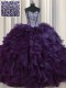 Romantic Visible Boning Bling-bling Sweetheart Sleeveless Brush Train Lace Up Quinceanera Dresses Dark Purple Organza