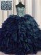 Vintage Visible Boning Bling-bling Navy Blue Lace Up Sweetheart Beading and Ruffles Ball Gown Prom Dress Organza Sleeveless Brush Train