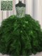 Visible Boning Sweetheart Sleeveless Quince Ball Gowns With Brush Train Beading and Ruffles Olive Green Organza
