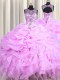 Cheap See Through Lilac Ball Gowns Organza Scoop Sleeveless Beading and Ruffles and Pick Ups Floor Length Lace Up Quinceanera Gown
