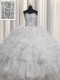 Luxury Visible Boning Floor Length Grey Sweet 16 Dresses Tulle Sleeveless Beading and Ruffles and Sequins