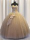Champagne Ball Gowns Beading and Bowknot Vestidos de Quinceanera Lace Up Tulle and Sequined Sleeveless Floor Length